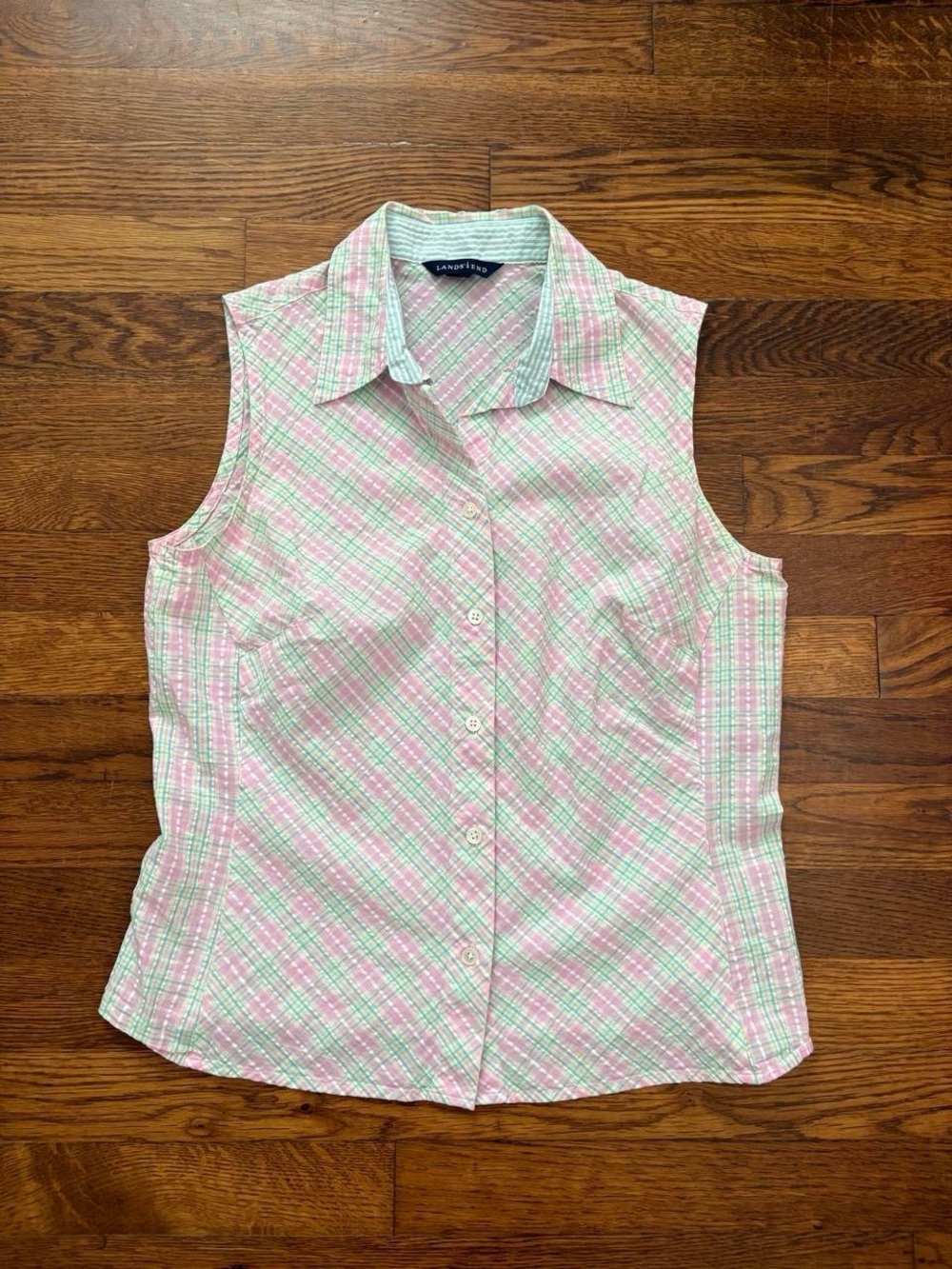 Lands' End 90s Pink and Green Plaid Sleeveless Button-Up Shirt